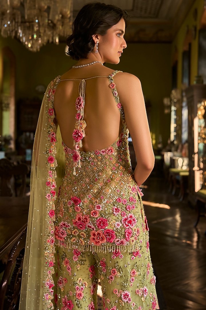 Leaf Green Tulle Embroidered Bridal Sharara Set by Seema Gujral at Pernia's Pop Up Shop