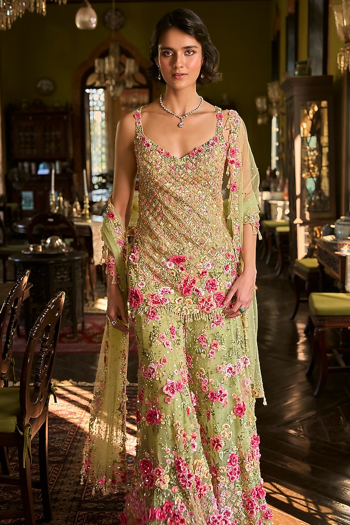 Leaf Green Tulle Embroidered Bridal Sharara Set by Seema Gujral at Pernia's Pop Up Shop