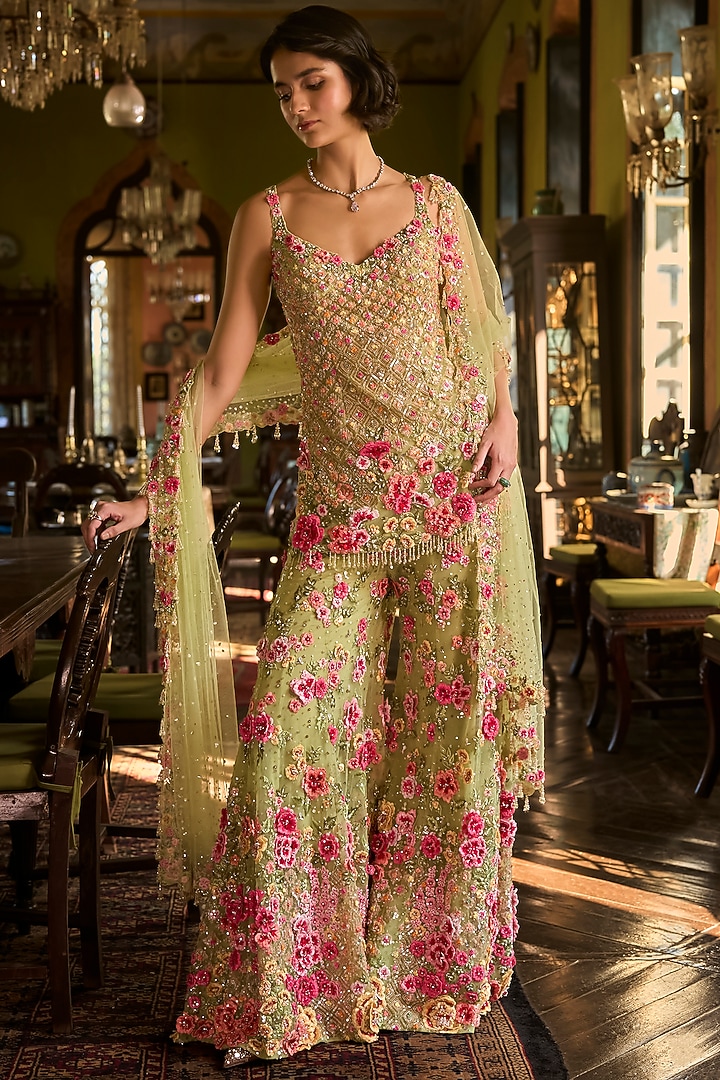 Leaf Green Tulle Embroidered Bridal Sharara Set by Seema Gujral at Pernia's Pop Up Shop