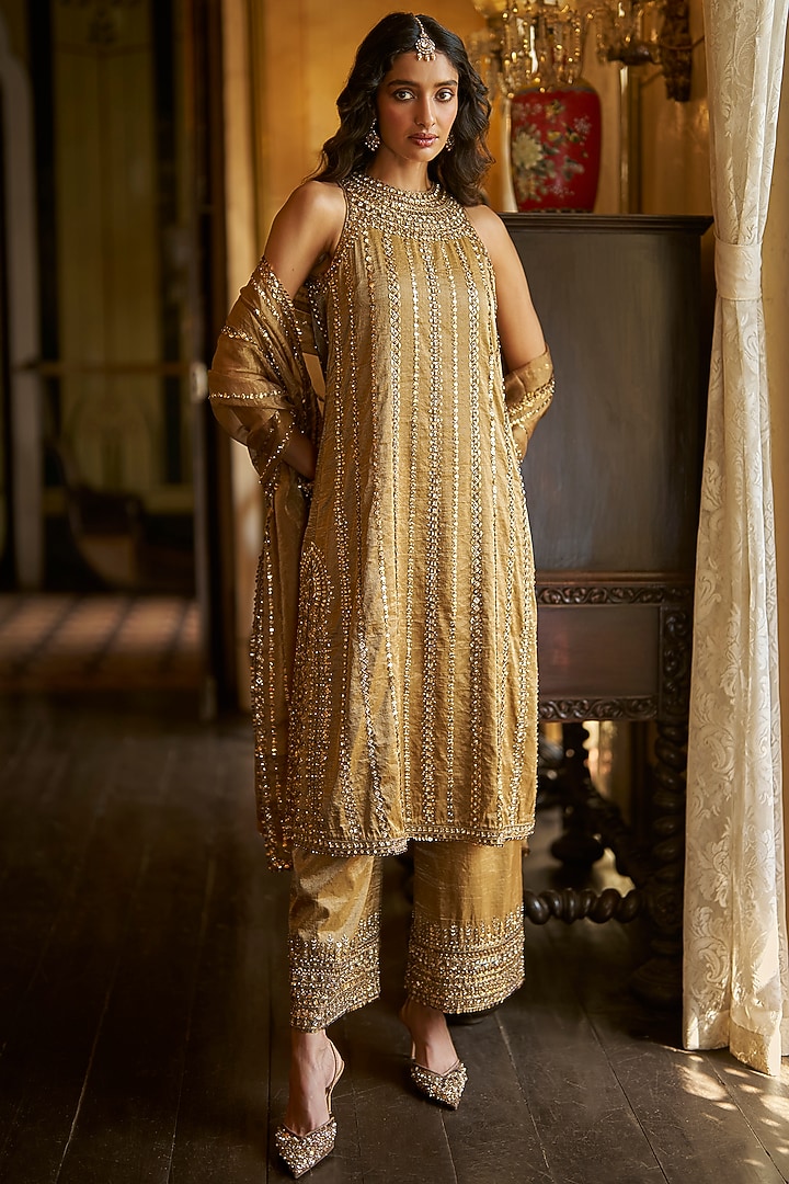Antique Gold Tissue Silk Sequins Embroidered Kurta Set by Seema Gujral at Pernia's Pop Up Shop