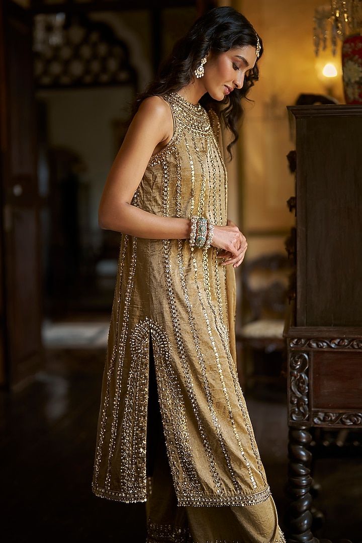 Antique Gold Tissue Silk Sequins Embroidered Kurta Set by Seema Gujral at Pernia's Pop Up Shop