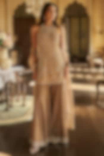 Caramel Colored Tissue Silk Embroidered Bridal Sharara Set by Seema Gujral at Pernia's Pop Up Shop