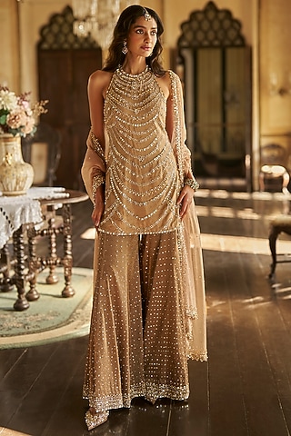 Caramel Colored Tissue Silk Embroidered Sharara Set by Seema Gujral