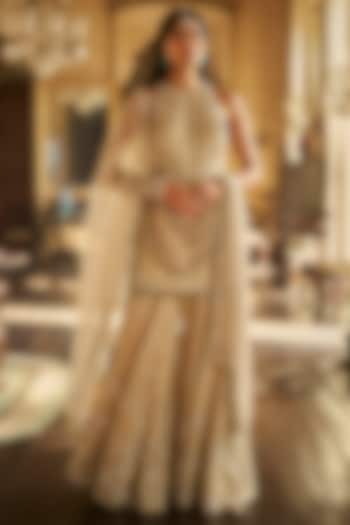 Champagne Tissue Silk Embroidered Bridal Sharara Set by Seema Gujral at Pernia's Pop Up Shop