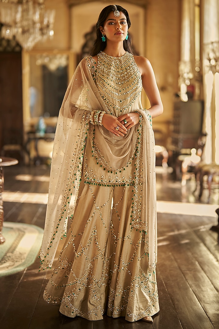 Champagne Tissue Silk Embroidered Bridal Sharara Set by Seema Gujral at Pernia's Pop Up Shop