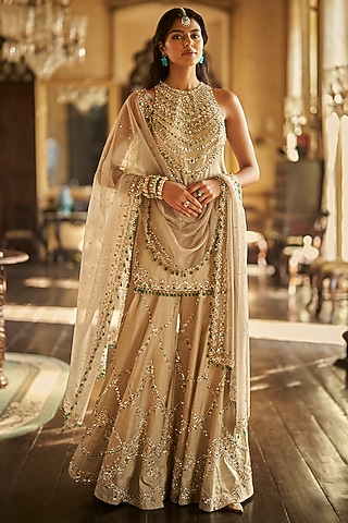 Champagne Tissue Silk Embroidered Sharara Set by Seema Gujral