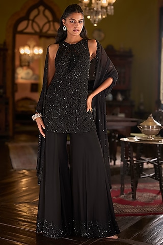 Black Net Bugle Bead Work Sharara Set by Seema Gujral