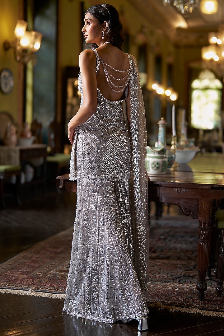 Silver Net Crystal Embroidered Bridal Sharara Set by Seema Gujral at Pernia's Pop Up Shop