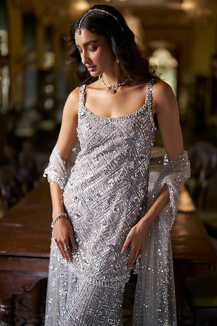 Silver Net Crystal Embroidered Bridal Sharara Set by Seema Gujral at Pernia's Pop Up Shop