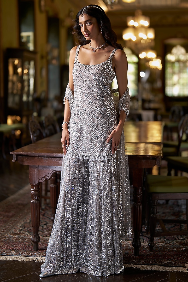 Silver Net Crystal Embroidered Bridal Sharara Set by Seema Gujral at Pernia's Pop Up Shop