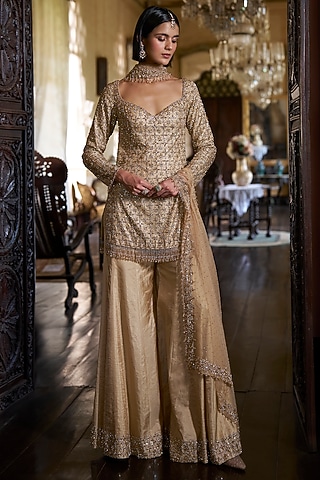 Gold Tissue Silk Sequins Embroidered Sharara Set by Seema Gujral