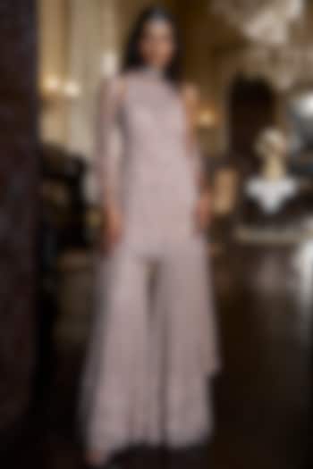 Mauve Net Sequins Embroidered Bridal Sharara Set by Seema Gujral at Pernia's Pop Up Shop