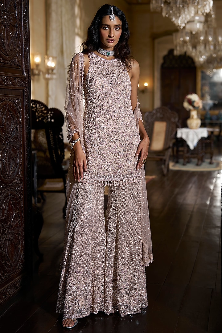 Mauve Net Sequins Embroidered Bridal Sharara Set by Seema Gujral at Pernia's Pop Up Shop