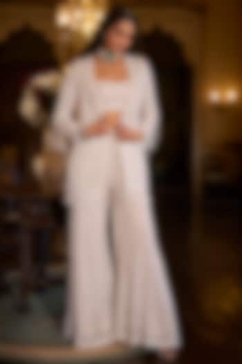 White Net Sequins Embroidered Jacket Set by Seema Gujral at Pernia's Pop Up Shop