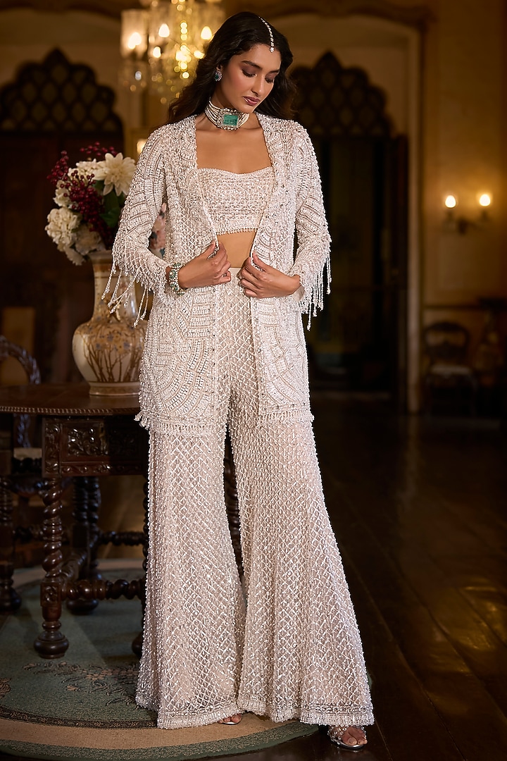 White Net Sequins Embroidered Jacket Set by Seema Gujral at Pernia's Pop Up Shop