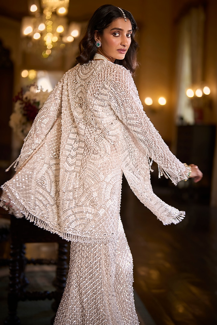 White Net Sequins Embroidered Jacket Set by Seema Gujral at Pernia's Pop Up Shop
