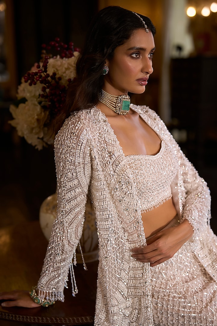 White Net Sequins Embroidered Jacket Set by Seema Gujral at Pernia's Pop Up Shop