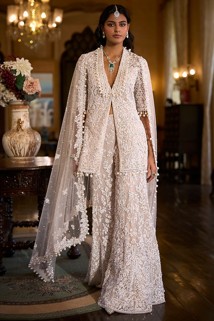 White Net Sequins Embroidered Jacket Set by Seema Gujral at Pernia's Pop Up Shop