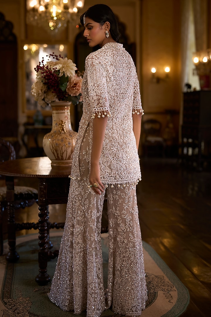 White Net Sequins Embroidered Jacket Set by Seema Gujral at Pernia's Pop Up Shop
