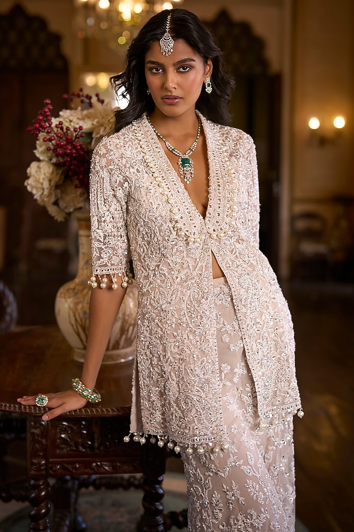 White Net Sequins Embroidered Jacket Set by Seema Gujral at Pernia's Pop Up Shop