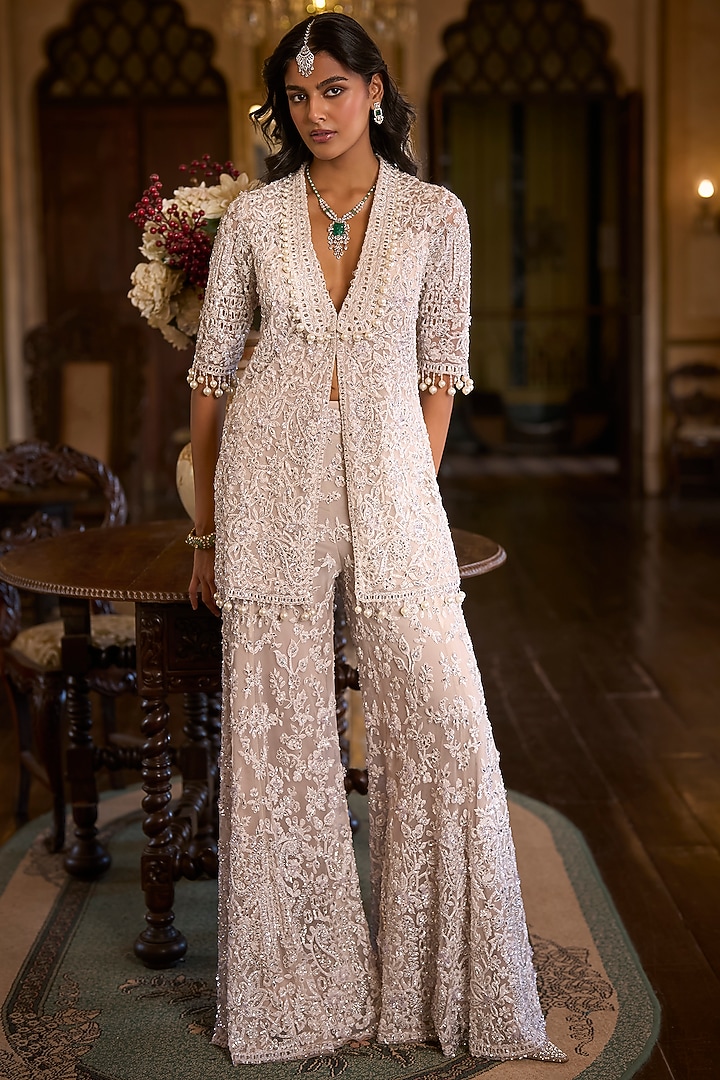 White Net Sequins Embroidered Jacket Set by Seema Gujral at Pernia's Pop Up Shop