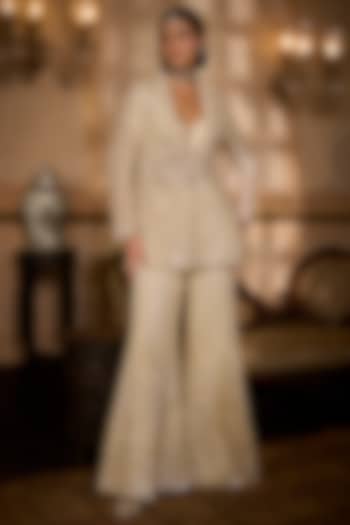 Cream Net Sequins Embroidered Jacket Set by Seema Gujral at Pernia's Pop Up Shop