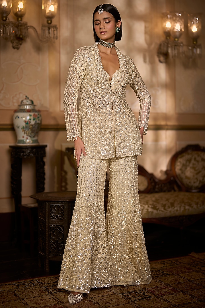 Cream Net Sequins Embroidered Jacket Set by Seema Gujral at Pernia's Pop Up Shop