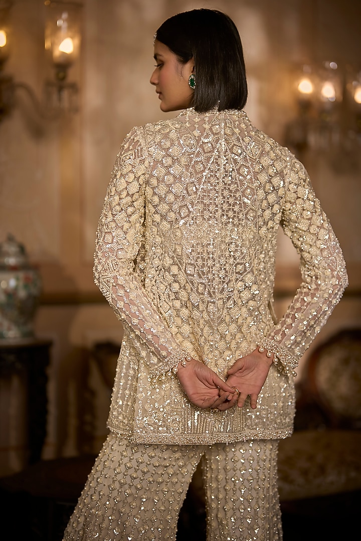 Cream Net Sequins Embroidered Jacket Set by Seema Gujral at Pernia's Pop Up Shop