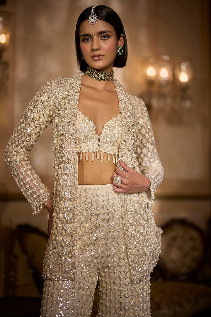 Cream Net Sequins Embroidered Jacket Set by Seema Gujral at Pernia's Pop Up Shop