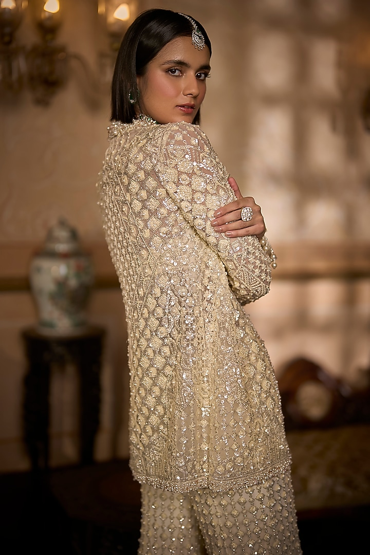 Cream Net Sequins Embroidered Jacket Set by Seema Gujral at Pernia's Pop Up Shop