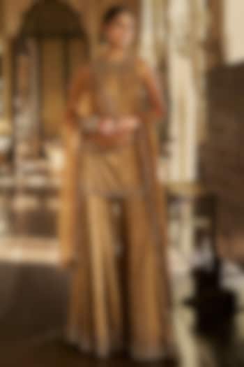 Gold Tissue Silk Embroidered Bridal Sharara Set by Seema Gujral at Pernia's Pop Up Shop