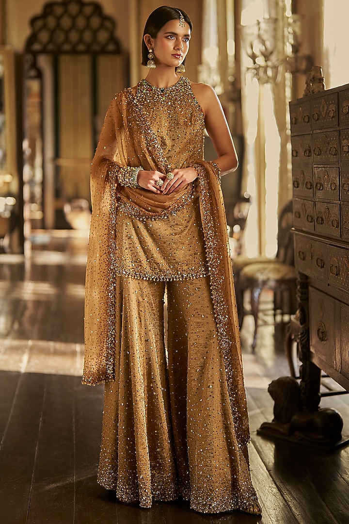 Gold Tissue Silk Embroidered Bridal Sharara Set by Seema Gujral at Pernia's Pop Up Shop