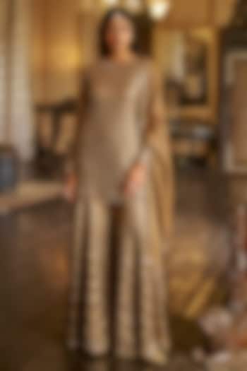 Antique Gold Tissue Georgette Embroidered Bridal Sharara Set by Seema Gujral at Pernia's Pop Up Shop