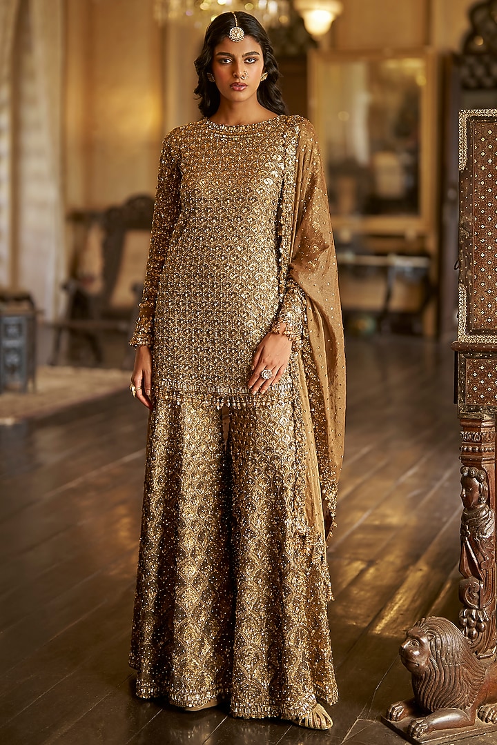 Antique Gold Tissue Georgette Embroidered Bridal Sharara Set by Seema Gujral at Pernia's Pop Up Shop