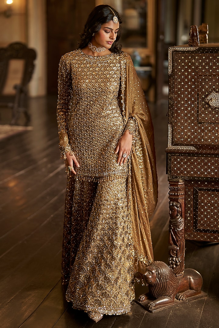 Antique Gold Tissue Georgette Embroidered Bridal Sharara Set by Seema Gujral at Pernia's Pop Up Shop