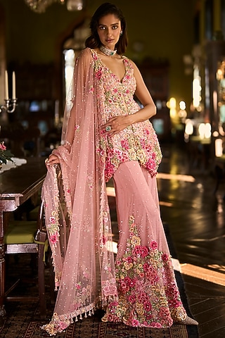 Pink Tulle Embroidered Sharara Set by Seema Gujral