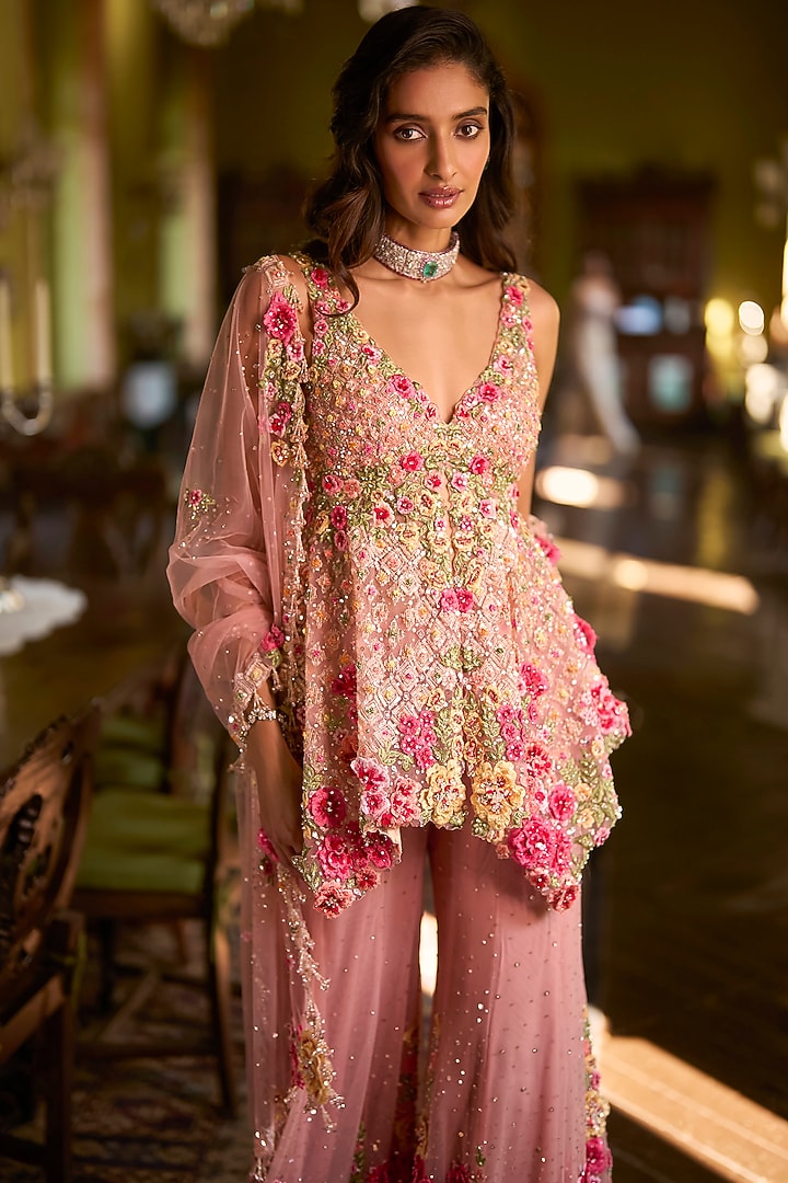 Pink Tulle Embroidered Bridal Sharara Set by Seema Gujral at Pernia's Pop Up Shop