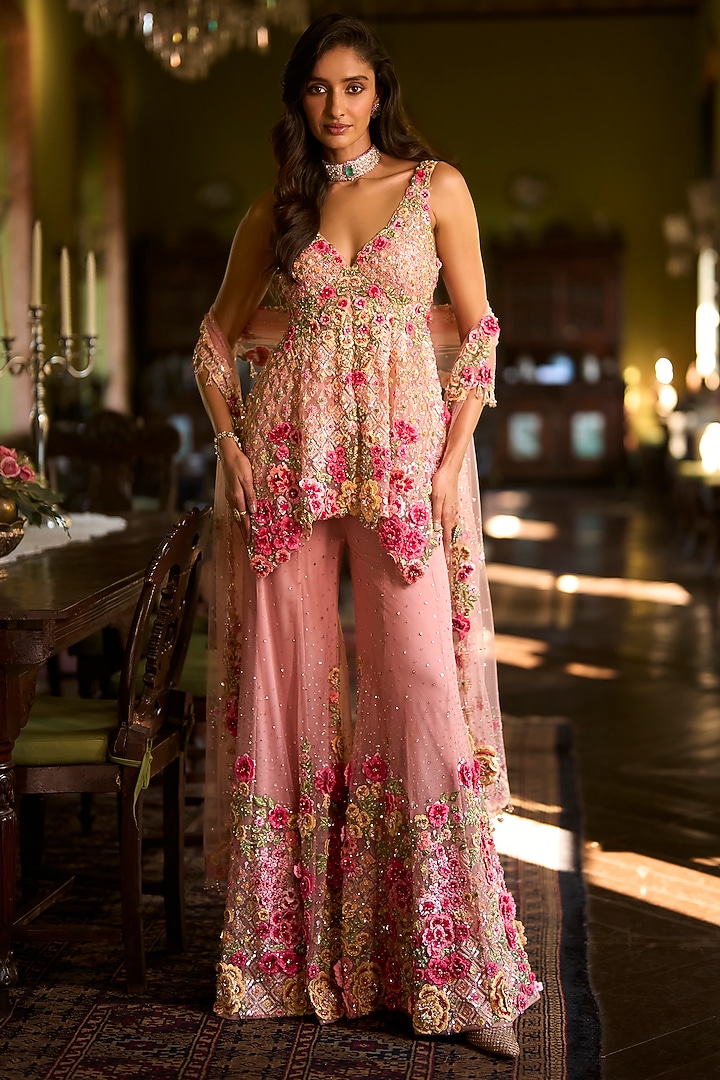 Pink Tulle Embroidered Bridal Sharara Set by Seema Gujral at Pernia's Pop Up Shop