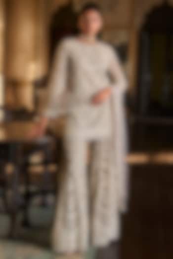 Grey Net Thread Embroidered Bridal Sharara Set by Seema Gujral at Pernia's Pop Up Shop