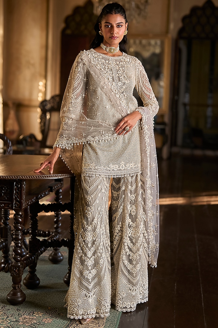 Grey Net Thread Embroidered Bridal Sharara Set by Seema Gujral at Pernia's Pop Up Shop