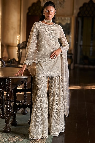 Grey Net Thread Embroidered Sharara Set by Seema Gujral
