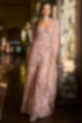 Dusty Rose Pink Net Sequins Embroidered Bridal Sharara Set by Seema Gujral at Pernia's Pop Up Shop