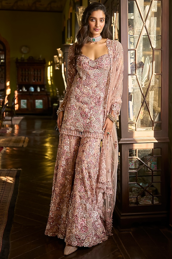 Dusty Rose Pink Net Sequins Embroidered Bridal Sharara Set by Seema Gujral at Pernia's Pop Up Shop