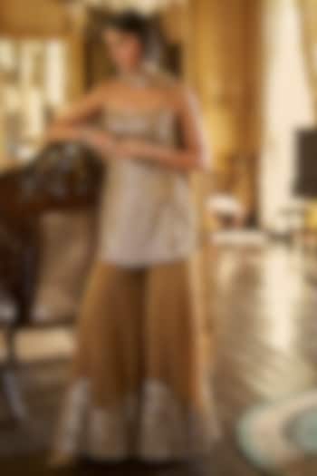 Antique Gold Tissue Georgette Embroidered Bridal Sharara Set by Seema Gujral at Pernia's Pop Up Shop