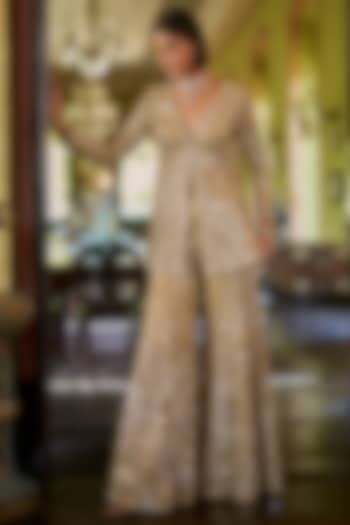 Gold Net Mirror Embroidered Bridal Sharara Set by Seema Gujral at Pernia's Pop Up Shop