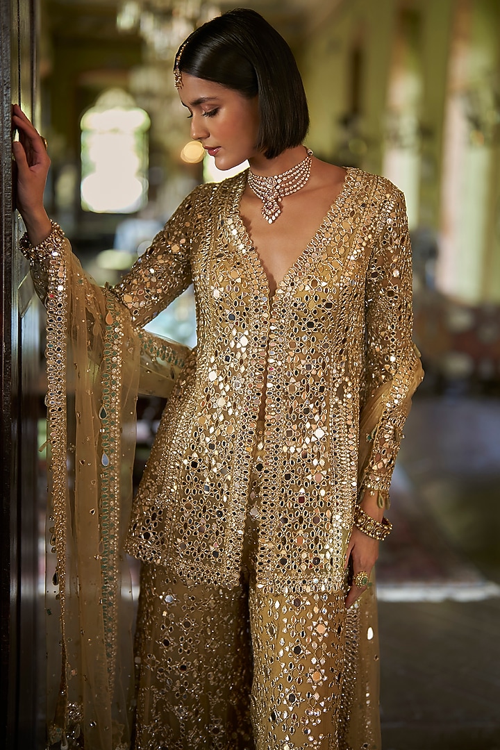 Gold Net Mirror Embroidered Bridal Sharara Set by Seema Gujral at Pernia's Pop Up Shop