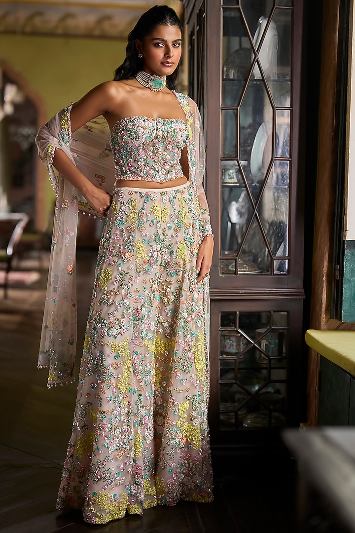Multi-Colored Net Thread Embroidered Bridal Sharara Set by Seema Gujral at Pernia's Pop Up Shop