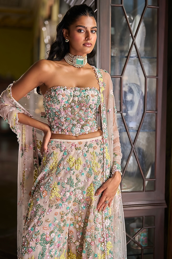Multi-Colored Net Thread Embroidered Bridal Sharara Set by Seema Gujral at Pernia's Pop Up Shop