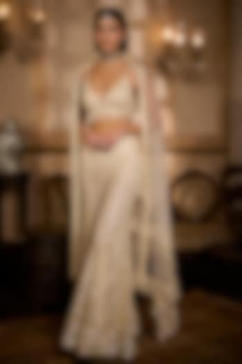 Cream Net Embroidered Bridal Sharara Set by Seema Gujral at Pernia's Pop Up Shop