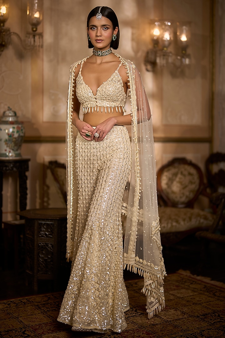 Cream Net Embroidered Bridal Sharara Set by Seema Gujral at Pernia's Pop Up Shop